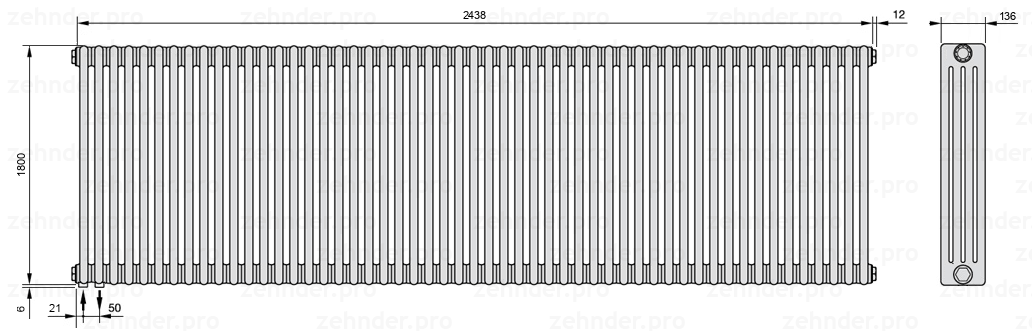 Схема (чертеж) Радиатор Zehnder Charleston 4180/53 №3370 Белый глянцевый RAL 9016